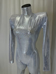 METALLIC SILVER CATSUIT WITH CRYSTAL DETAIL