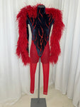 BLACK VELVET AND RED MESH CATSUIT WITH CRYSTAL AND FEATHER DETAIL