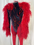 BLACK VELVET AND RED MESH CATSUIT WITH CRYSTAL AND FEATHER DETAIL