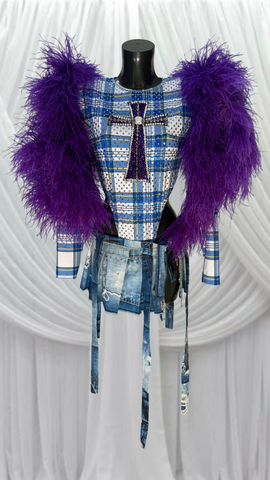 CROSS LONG SLEEVE BODY SUIT WITH PURPLE FEATHER