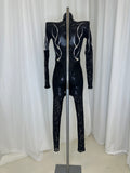 BLACK CATSUIT WITH FLAME MESH AND CRYSTAL DETAIL