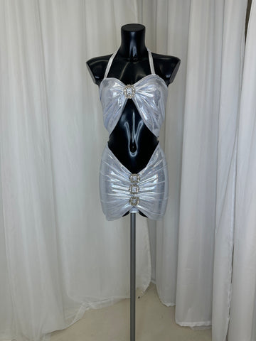 METALLIC SILVER 2 PIECE WITH CRYSTAL DETAIL