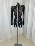 BLACK FLAME MESH BODYSUIT WITH NUDE LINING AND CRYSTAL DETAIL