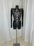 BLACK FLAME MESH BODYSUIT WITH NUDE LINING AND CRYSTAL DETAIL