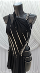 BLACK BODYSUIT WITH BLACK MESH DRAPE AND CRYSTAL DETAIL.