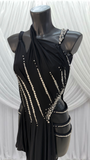 BLACK BODYSUIT WITH BLACK MESH DRAPE AND CRYSTAL DETAIL.