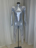 METALLIC SILVER CATSUIT WITH CRYSTAL DETAIL