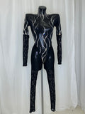 BLACK CATSUIT WITH FLAME MESH AND CRYSTAL DETAIL