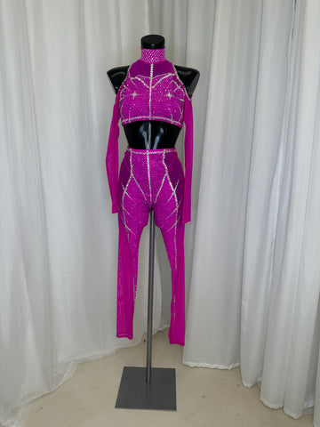 PINK MESH AND LYCRA 2 PIECE WITH CRYSTAL DETAIL