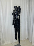 BLACK CATSUIT WITH FLAME MESH AND CRYSTAL DETAIL