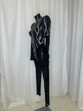 BLACK CATSUIT WITH FLAME MESH AND CRYSTAL DETAIL