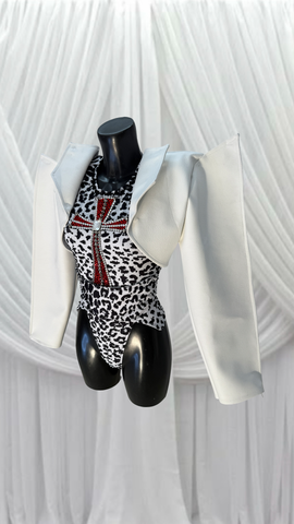 CROSS BODYSUIT WITH WHITE LEATHER JACKET DETAIL