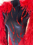 BLACK VELVET AND RED MESH CATSUIT WITH CRYSTAL AND FEATHER DETAIL