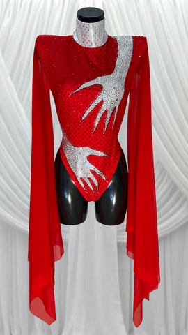 RED DRAPED SLEEVE BODYSUIT WITH CRYSTAL DEMON HAND DETAIL