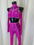 PINK MESH AND LYCRA 2 PIECE WITH CRYSTAL DETAIL