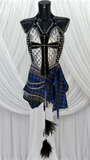 BLUE TARTAN 2 PIECE CORSET AND SKIRT WITH SILVER PADDED JACKET