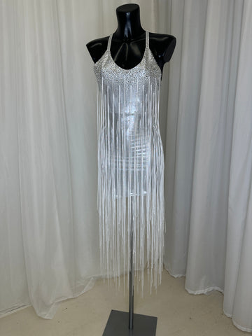 METALLIC SILVER DRESS WITH CRYSTAL AND FRINGE DETAIL